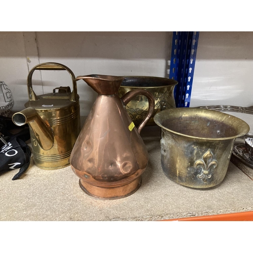 260 - Copper flagon, 25cm, and brass watering can and jardinières.