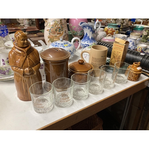 297 - Thorntons Special toffee jar, monk bottle, 26cm, whiskey glasses etc.