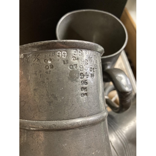 310 - Hall Brothers pewter coffee service, 20cm and four tankards.