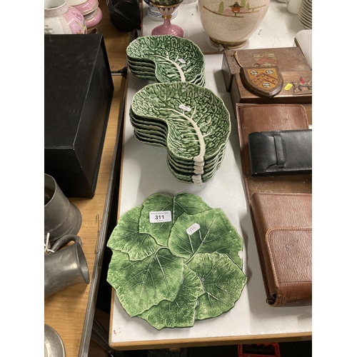 311 - Majolica cabbage dishes, 20 x 12cm.