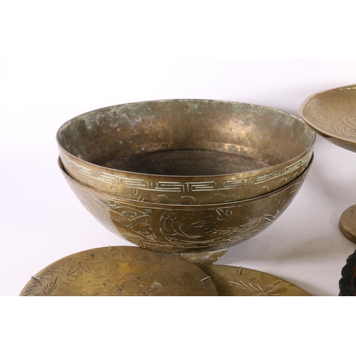 18 - Chinese bronze pedestal bowl decorated with incised dragon scene, 20cm diameter, a similar bowl, 23c... 