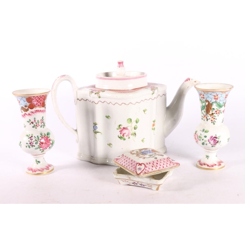 19 - Late 18th century Newhall style floral decorated teapot, 15cm, bud vases, and a lidded box.