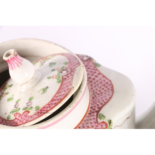 19 - Late 18th century Newhall style floral decorated teapot, 15cm, bud vases, and a lidded box.