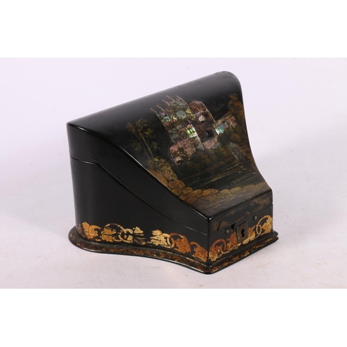 34 - Inlaid papier-mâché stationary box inscribed, Durham Cathedral from SW, 11cm.