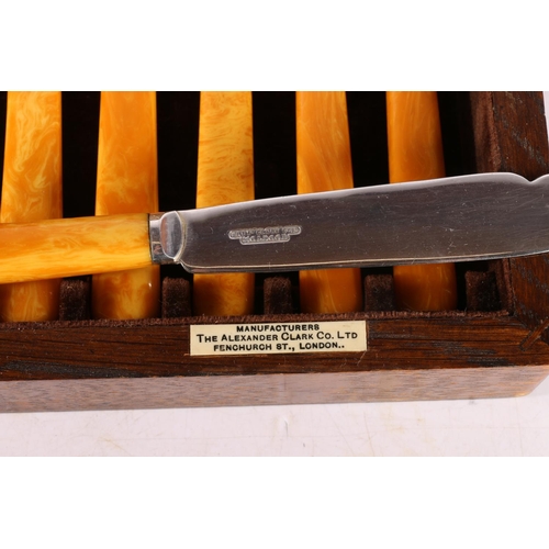 9 - Oak cutlery canteen with set of six fish knives and forks, and a compass. 