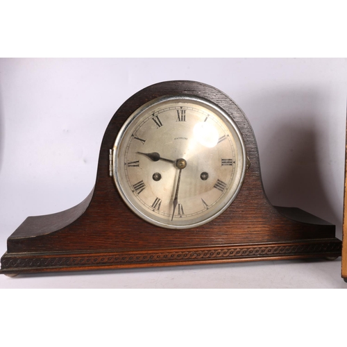 51 - Oak tambour mantle clock, dial inscribed Henderson's, 23cm, and a microscope in original box. 