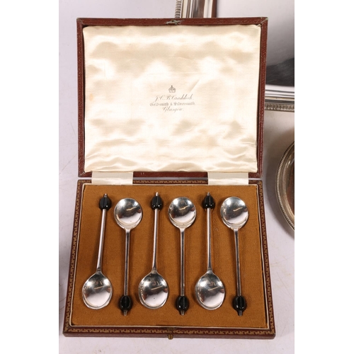 56 - Pair of Elkington & Co. chambersticks with snuffers, EPNS serving dishes, and coffee bean spoons... 