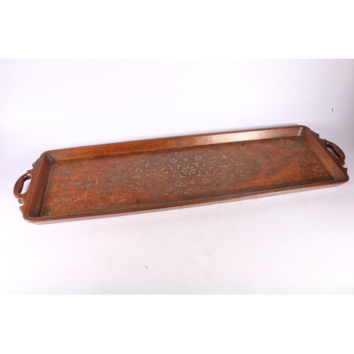 102 - Indian brass inlaid tray with handles to sides, 83 x 25cm.