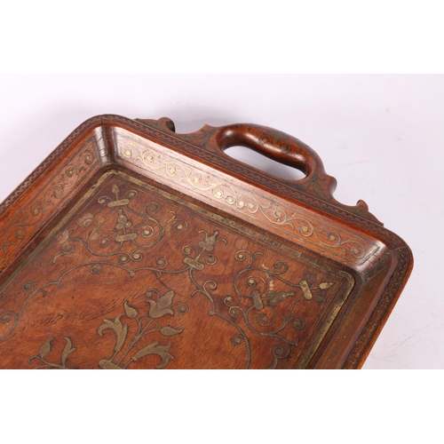 102 - Indian brass inlaid tray with handles to sides, 83 x 25cm.