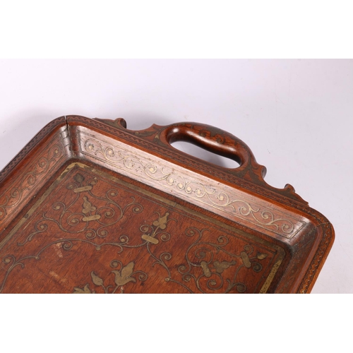 102 - Indian brass inlaid tray with handles to sides, 83 x 25cm.