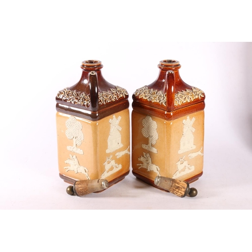 105 - West German lava vase, 32cm, and two Doulton Lambeth stoneware square section bottles decorated with... 