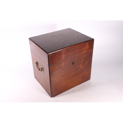 115 - Mahogany hinged box with two glass bottles, 24cm.