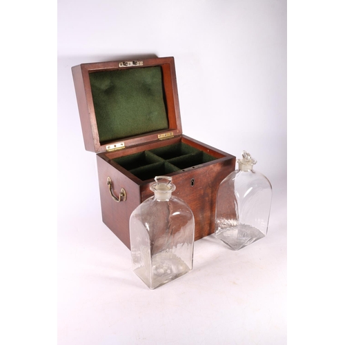 115 - Mahogany hinged box with two glass bottles, 24cm.