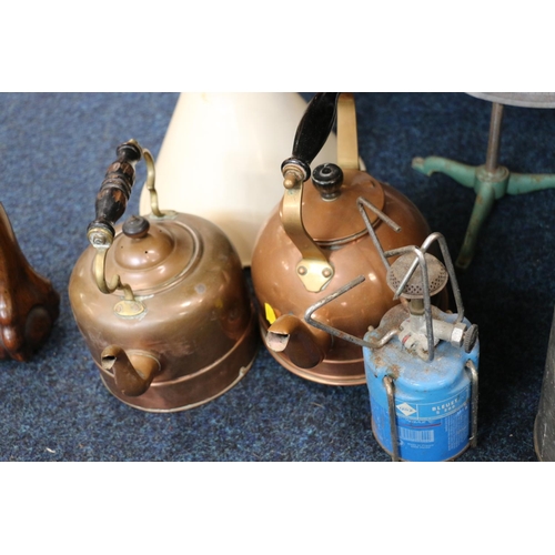 83 - Copper kettles, burners, shade, etc. 