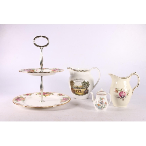 93 - Royal Albert Old Country Roses cake stand, 25cm, a Royal Copenhagen Jug, a Spode jug, and a miniatur... 