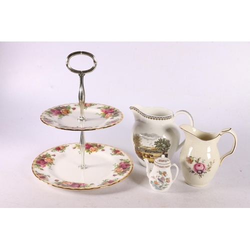 93 - Royal Albert Old Country Roses cake stand, 25cm, a Royal Copenhagen Jug, a Spode jug, and a miniatur... 