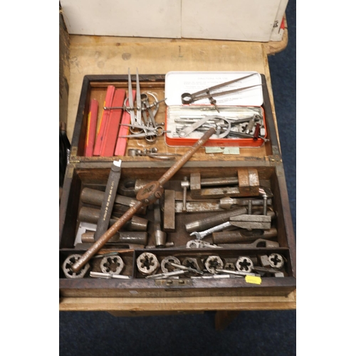 347 - 19th century rosewood writing slope box containing callipers, dies, etc.