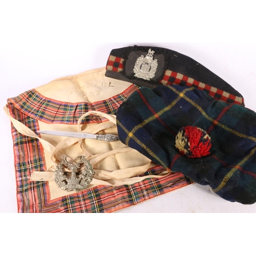 375 - Glengarry beret with KOSB cap badge, a tartan bonnet, a Masonic Apron 'The Gael 609', a Gordon Highl... 