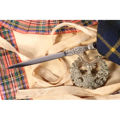 375 - Glengarry beret with KOSB cap badge, a tartan bonnet, a Masonic Apron 'The Gael 609', a Gordon Highl... 