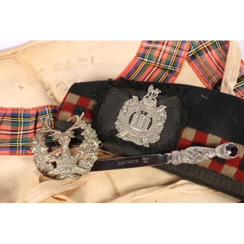 375 - Glengarry beret with KOSB cap badge, a tartan bonnet, a Masonic Apron 'The Gael 609', a Gordon Highl... 