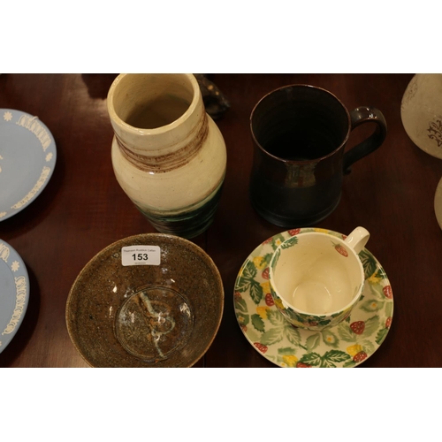 153 - Studio pottery vase, 20cm, bowl, mug, and a Bridgewater cup and saucer. 