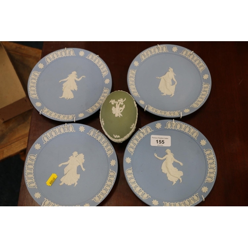 155 - Four Wedgwood Jasperware plates, 17cm, and egg.