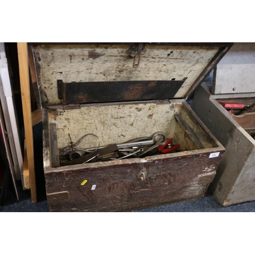 336 - Vintage pine tool chest containing spanners, tap and die, callipers, a wrench, etc.