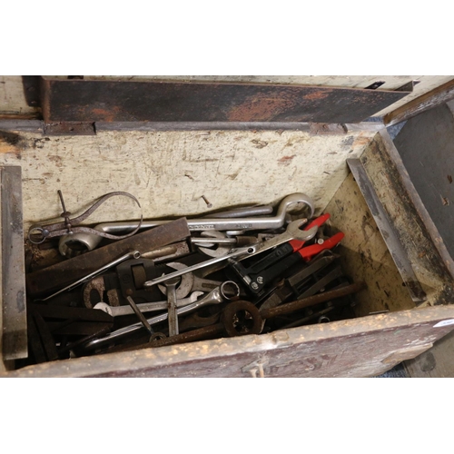 336 - Vintage pine tool chest containing spanners, tap and die, callipers, a wrench, etc.