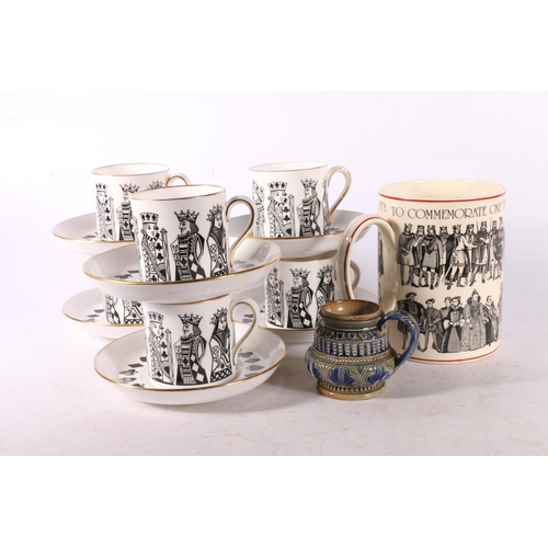 128 - Set of six Spode demitasse cups and saucers with playing card decoration, 6cm, also a Wedgwood mug a... 