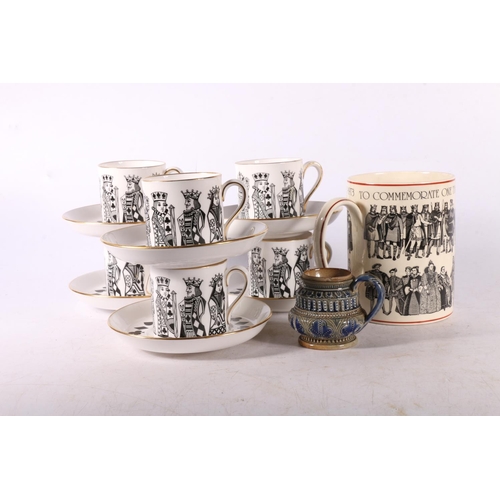 128 - Set of six Spode demitasse cups and saucers with playing card decoration, 6cm, also a Wedgwood mug a... 