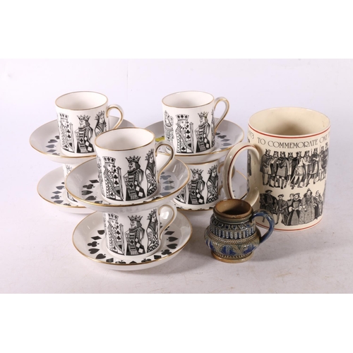 128 - Set of six Spode demitasse cups and saucers with playing card decoration, 6cm, also a Wedgwood mug a... 