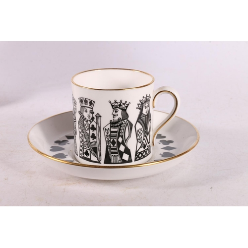 128 - Set of six Spode demitasse cups and saucers with playing card decoration, 6cm, also a Wedgwood mug a... 