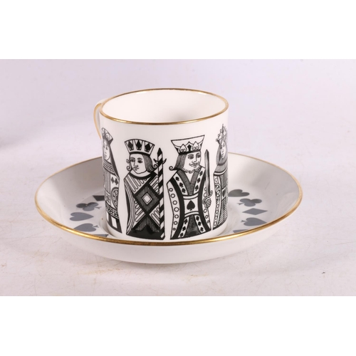 128 - Set of six Spode demitasse cups and saucers with playing card decoration, 6cm, also a Wedgwood mug a... 