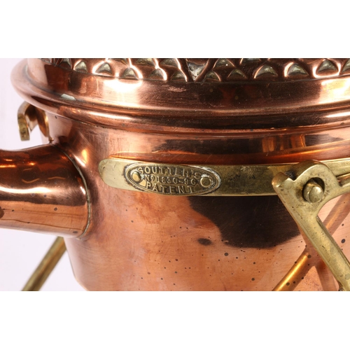 131 - Copper kettle on stand with plaque inscribed Soutter's, 33cm. 