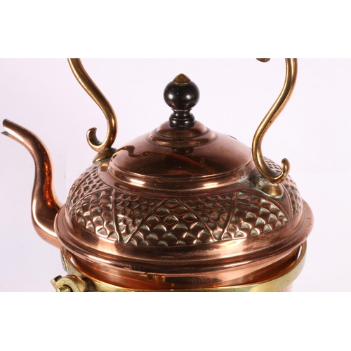 131 - Copper kettle on stand with plaque inscribed Soutter's, 33cm. 