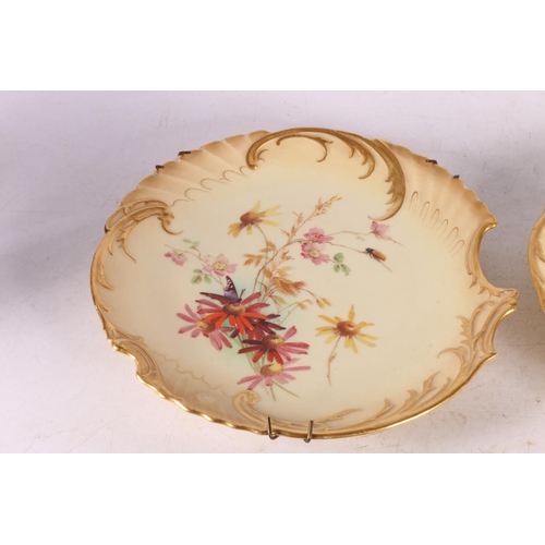 380 - Pair of Royal Worcester #1427 blush ivory dishes, and a pair of gold anchor mark porcelain vases.  (... 