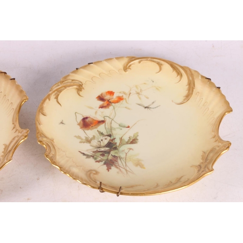 380 - Pair of Royal Worcester #1427 blush ivory dishes, and a pair of gold anchor mark porcelain vases.  (... 