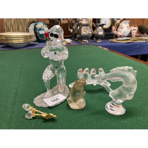 166 - Lalique frog, slightly yellow glass, 6cm, Swarovski and other crystal figures.