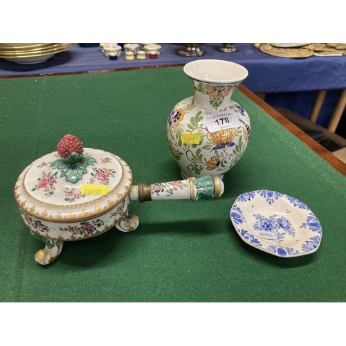 178 - Delft vase, 14cm, dish and footed Japanese (?) lidded pot. 