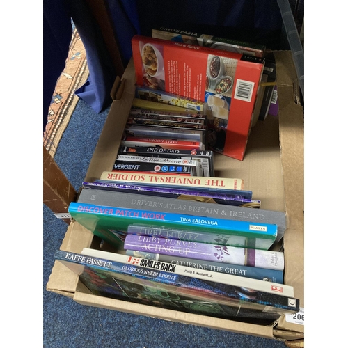 206 - Box containing general interest books and DVDs.