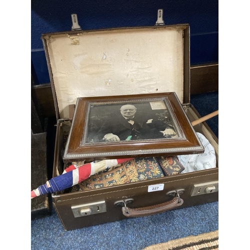 227 - Vintage traveling case, vintage flag, Winston Churchill picture, etc. 