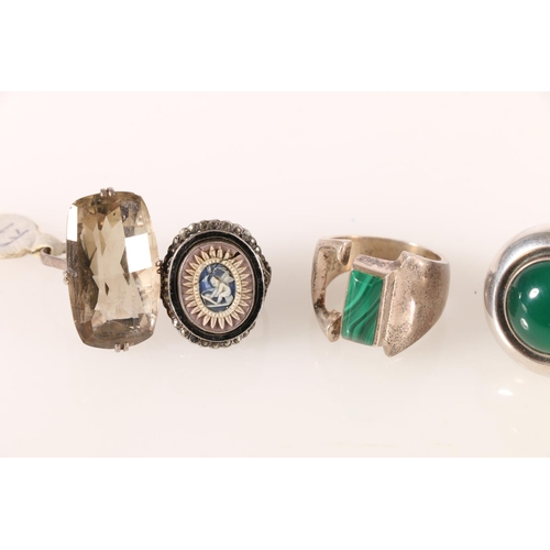 505 - NIELS ERIK FROM (Danish 1908-1982), a modernist silver and cabochon green stone dress ring, also a M... 