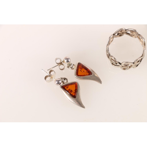 530 - Pair of silver and amber earrings, a 9ct gold and silver eternity style ring, 1.9g gross, and three ... 