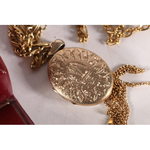 542 - Victorian style gold-plated pendant locket, yellow metal chains, ear-studs etc. hedl within a red le... 