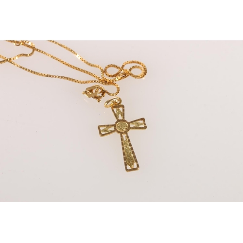 550 - 18ct gold box link neck chain, 2.8g, and a yellow metal crucifix pendant.