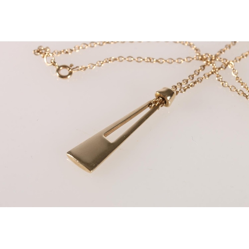 583 - 9ct gold modernist pendant by Malcolm Gray of Ortak on 9ct gold chain, 6.7g gross.