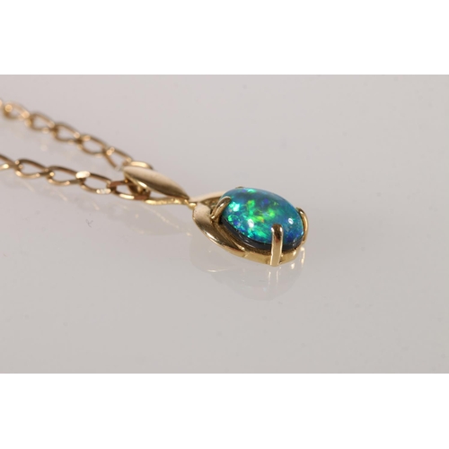 585 - 18ct gold mounted opal pendant on 9kt gold chain 4.3g gross.