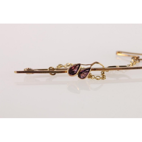 586 - Three 9ct gold mounted brooches, two set with pearls and the bar brooch set with amethysts, 6.8g gro... 