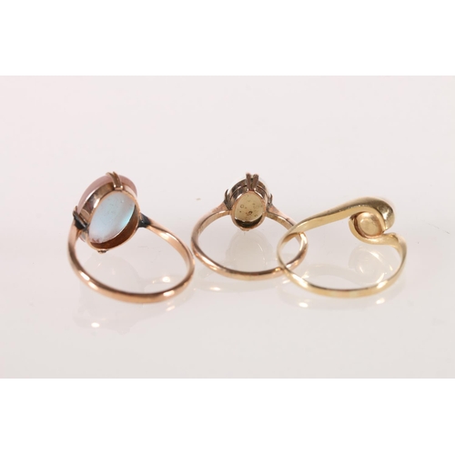 587 - 9ct gold pearl set dress ring, 2g, a 9ct gold opal dress ring, 1.7g and a 9ct gold opaque stone dres... 