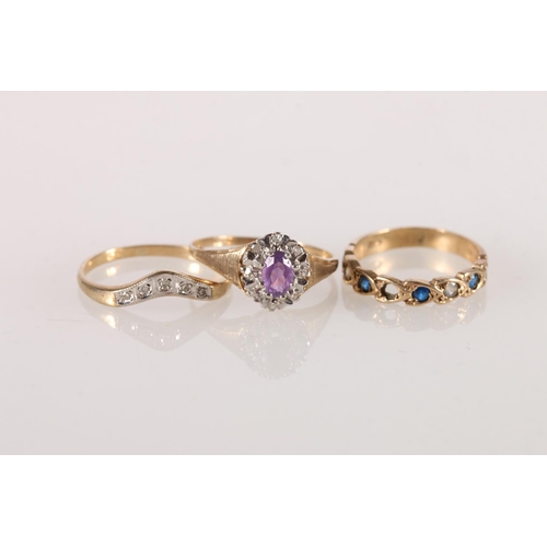 627 - Three 9ct gold rings, including cluster ring with amethyst surrounded by chip diamonds, size P, wish... 